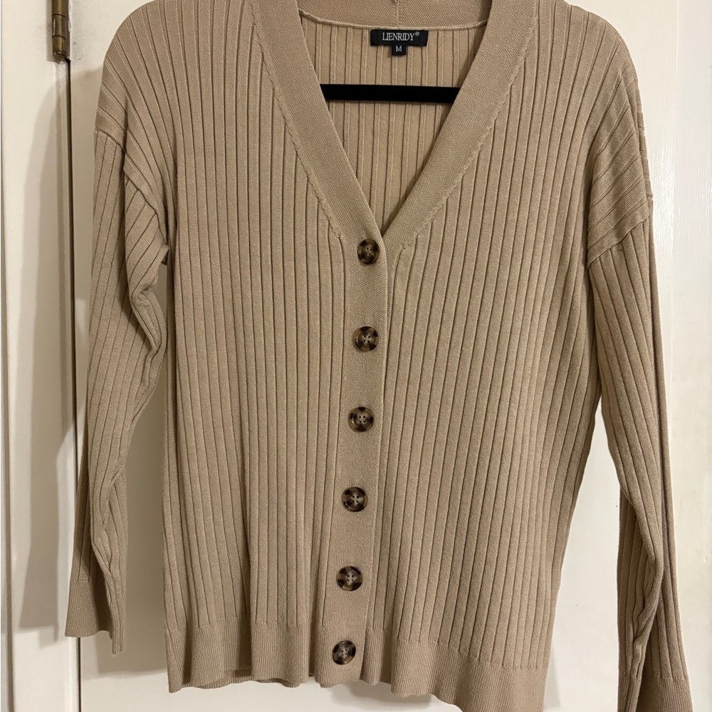 Women's Beige Ribbed Cardigan